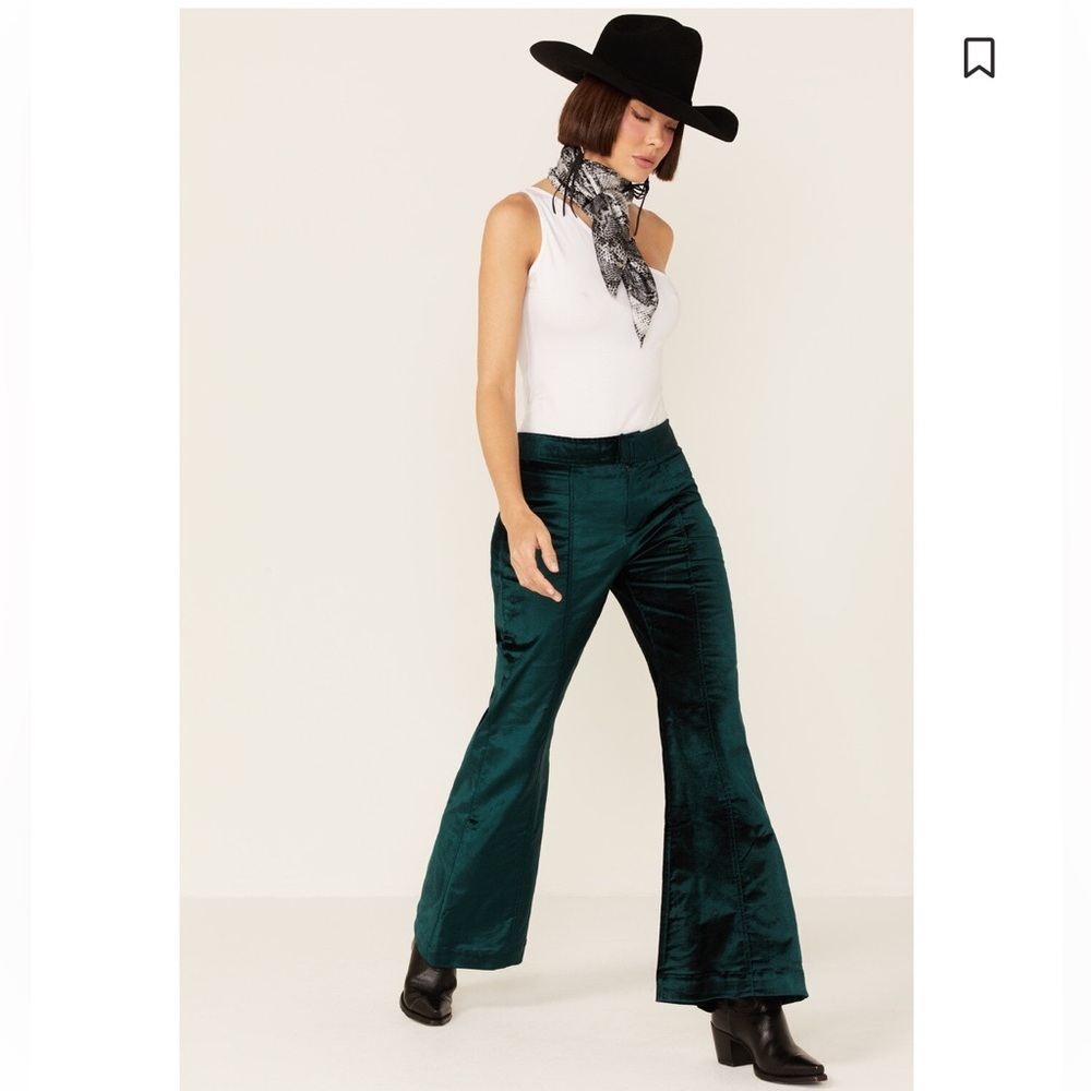 Free People Walk With You Velvet Flare Pants Emerald Green 70s Boho, Size 0 - Picture 2 of 13